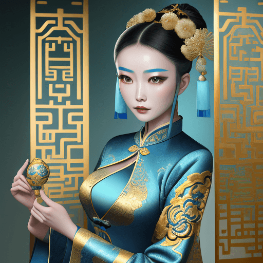 AI generated: blue and gold Chinese classic fashion culture, in the style of xu beihong, appropriation woman of be...