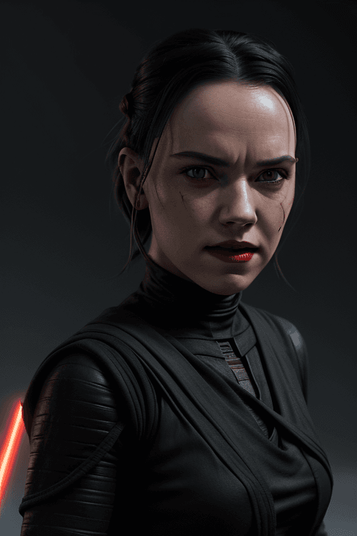 AI generated: Rey Skywalker (daisy ridley face) as sith in  Black Sith outfit, dark red lips, orange eyes from sta...