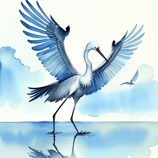 AI generated: Crane bird standing in water looking up at the sky with wings spread, watercolor, painting