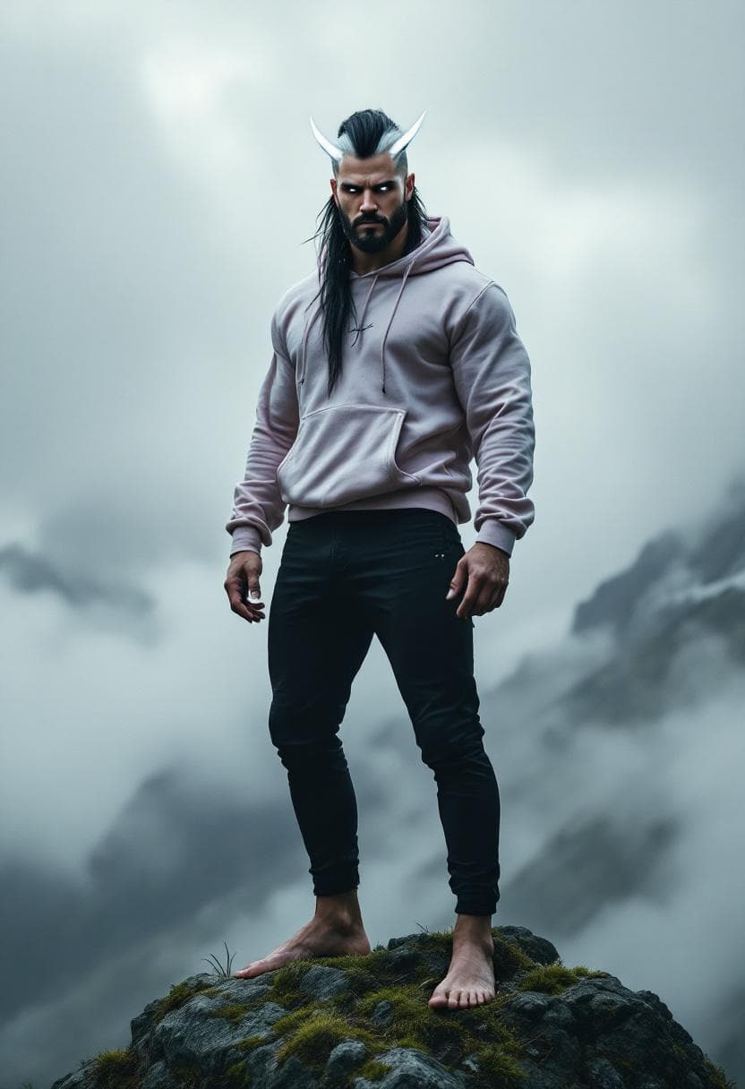 AI generated: A tall, muscular yet lean man stands barefoot on a moss-covered rock at the summit of a mountain ben...