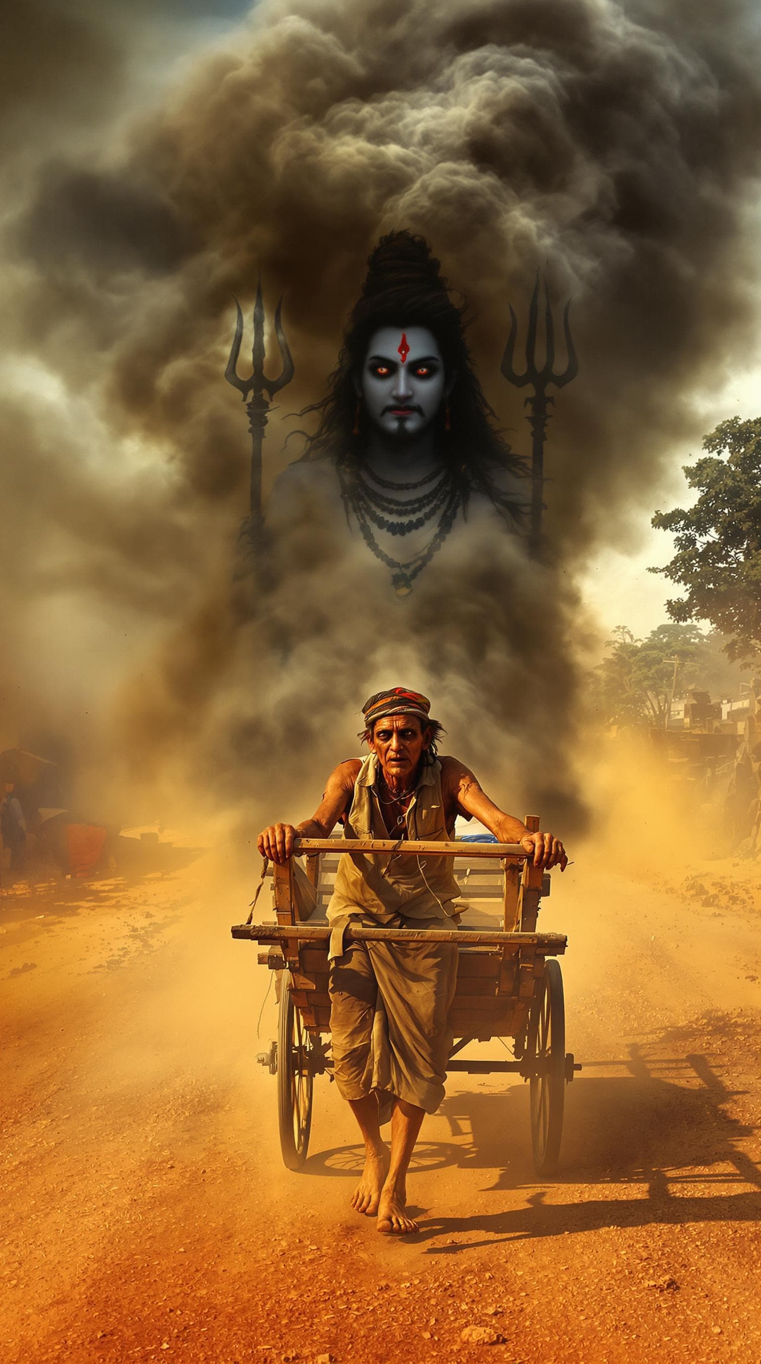 AI generated: A weary vegetable vendor, drenched in sweat, struggles to push his heavy wooden cart along a dusty, ...