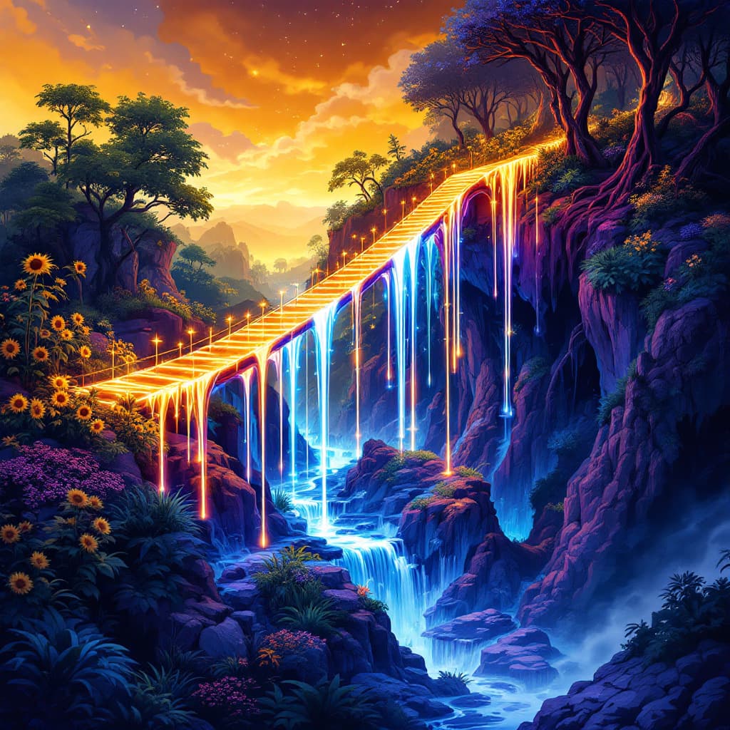 AI generated: 
"Create an illustration of a bridge made entirely out of glowing, colorful lights that connect thre...