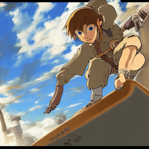 AI generated: skateboarding, by Miyazaki, Nausicaa Ghibli, Breath of The Wild, epic composition --s 750 --q 2