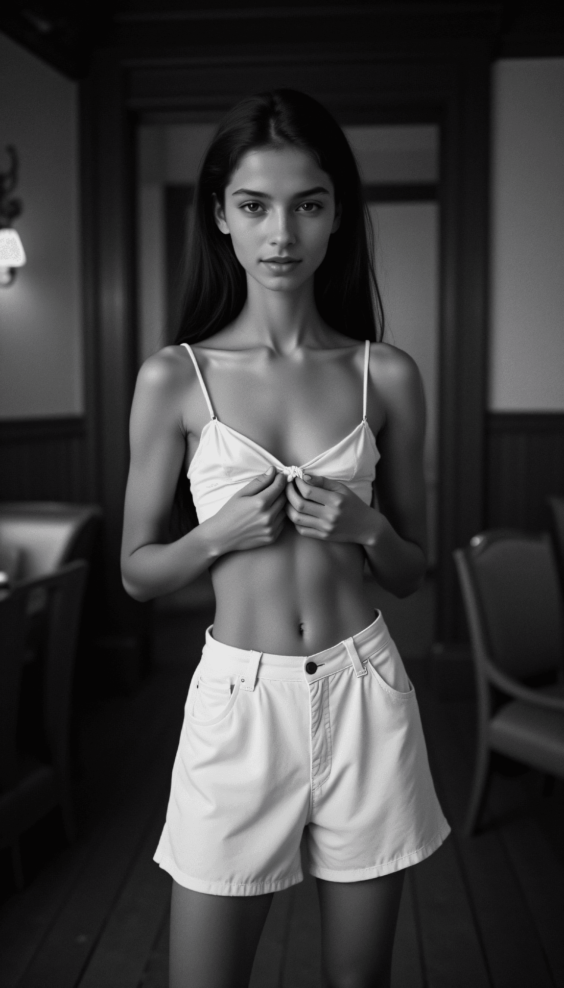 AI generated: dystopian style Black and white fashion photography of a young Chinese Han-Sindhi woman in her mid-t...