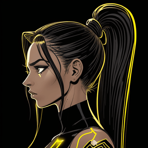 AI generated: side view of a beautiful woman with long hair in ponytail, glowing golden lines wrapped around body,...