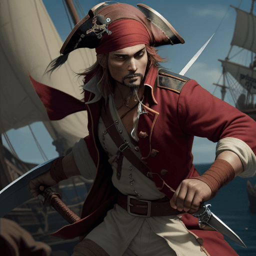 AI generated: a pirate, in a red bandage, without one leg, a sword in his hand