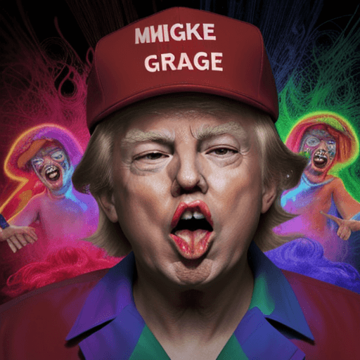 AI generated: donald trump  on a psychedelic trip with an open mouth and glowing eyes, with the make america great...