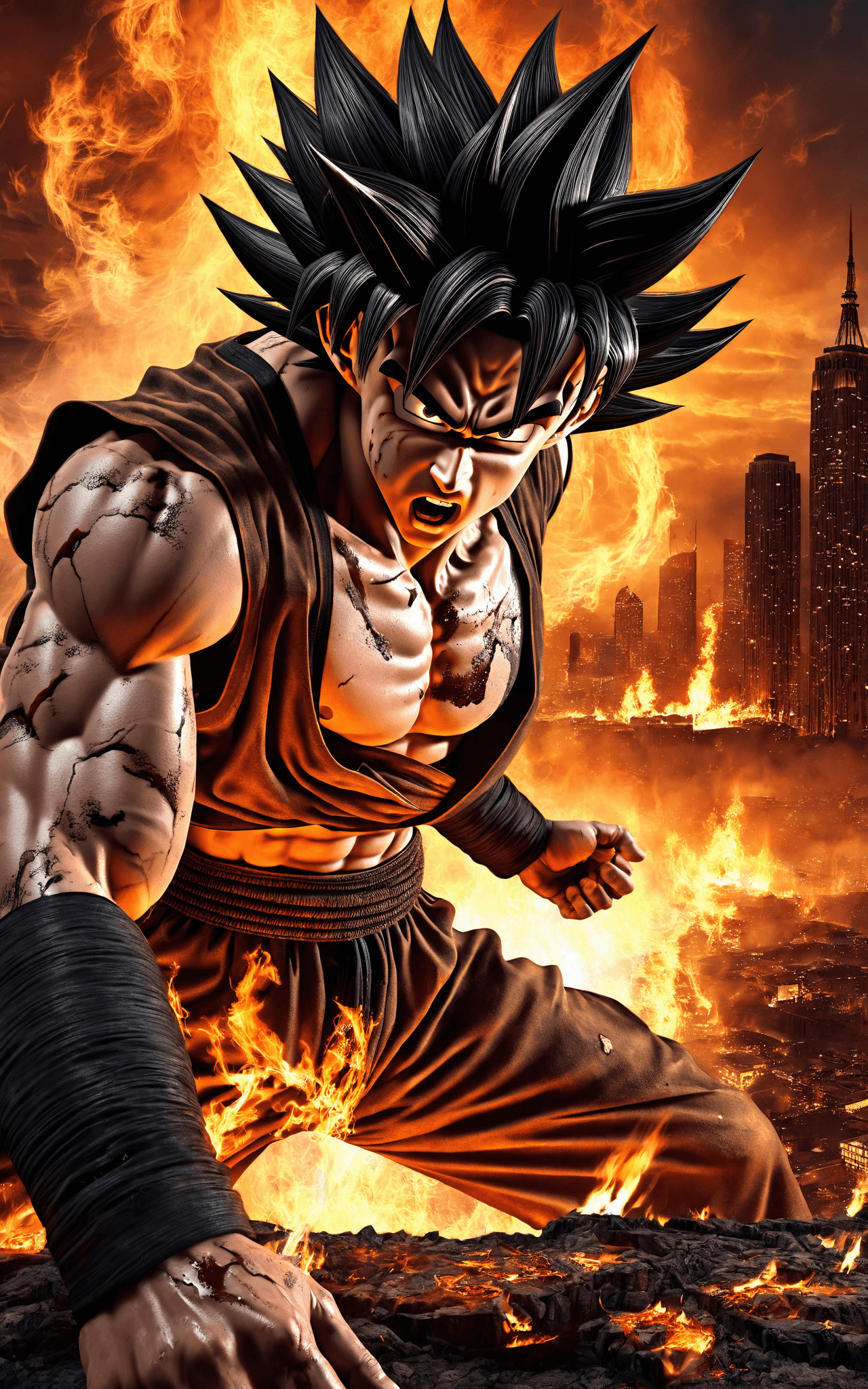 AI generated: Goku from the anime hyper realistic, skin texture, smoke, light from different directions, Dreamscap...