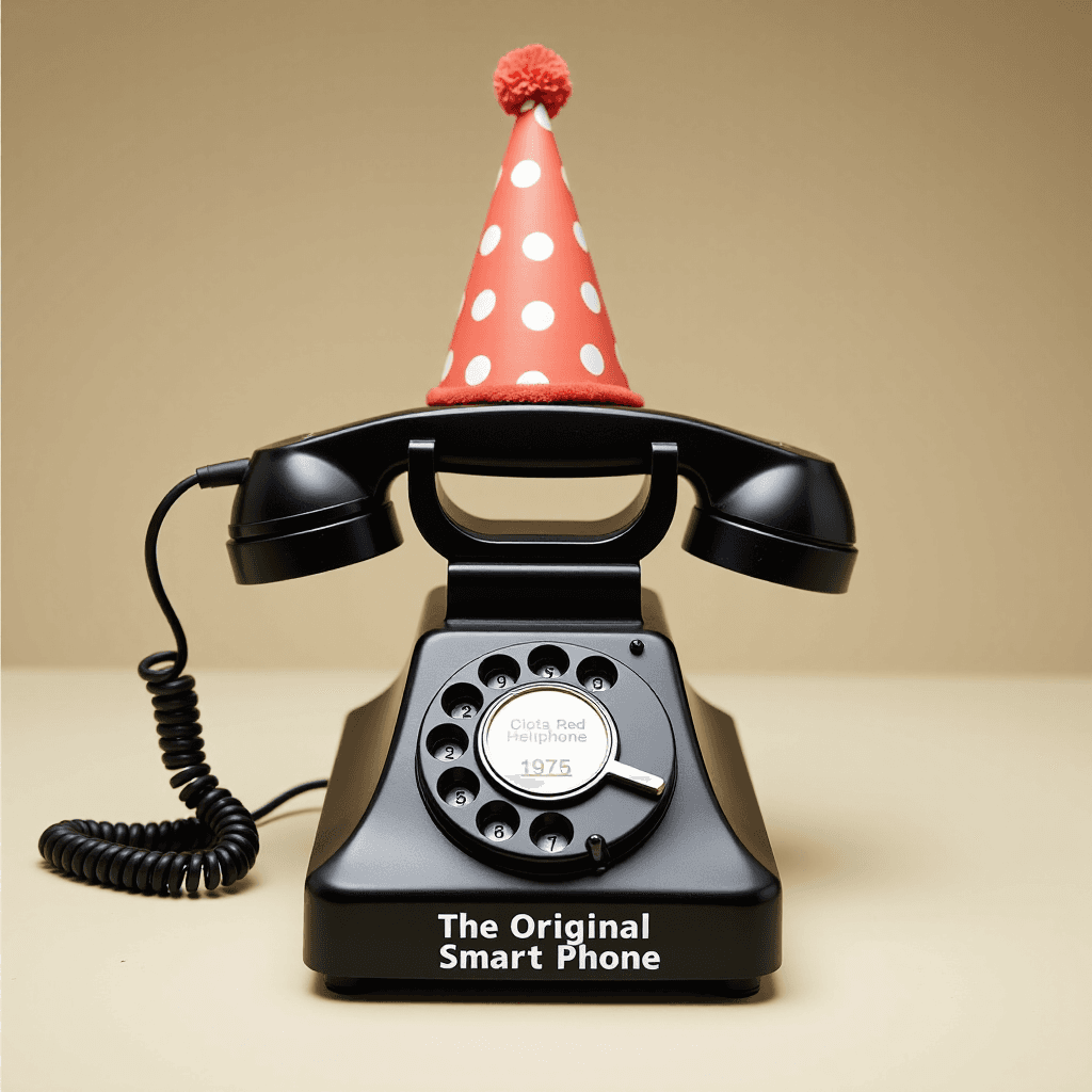 AI generated: A vintage 1975 rotary telephone with a party hat, retro photo style, label reads "The Original Smart...