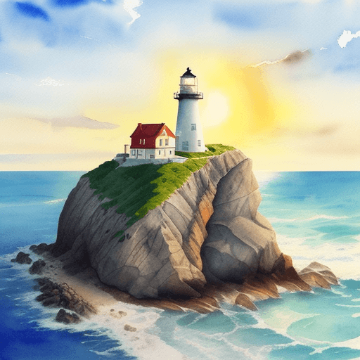 AI generated: Lighthouse on the rock arounded by ocean with a sunshine, watercolor, painting