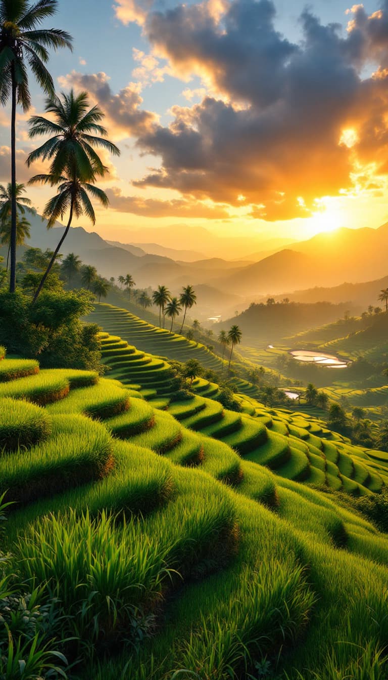 AI generated: A breathtaking view of Bali's iconic rice terraces at sunrise, with vibrant shades of gold and orang...
