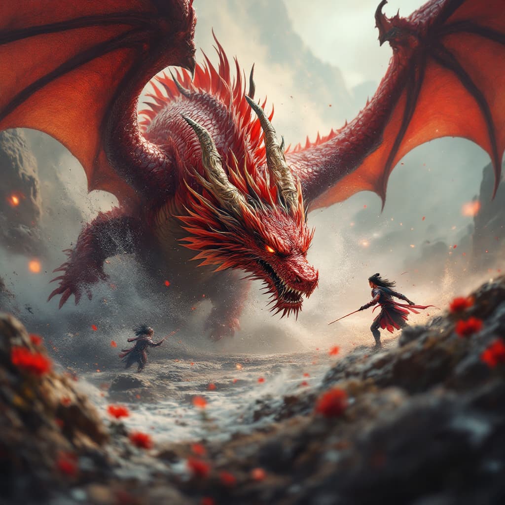 AI generated: Dragon fight scene Quality:(Quality, 4k, High Definition, Masterpiece: 1.2), Very Fine, (Fantasy Art...