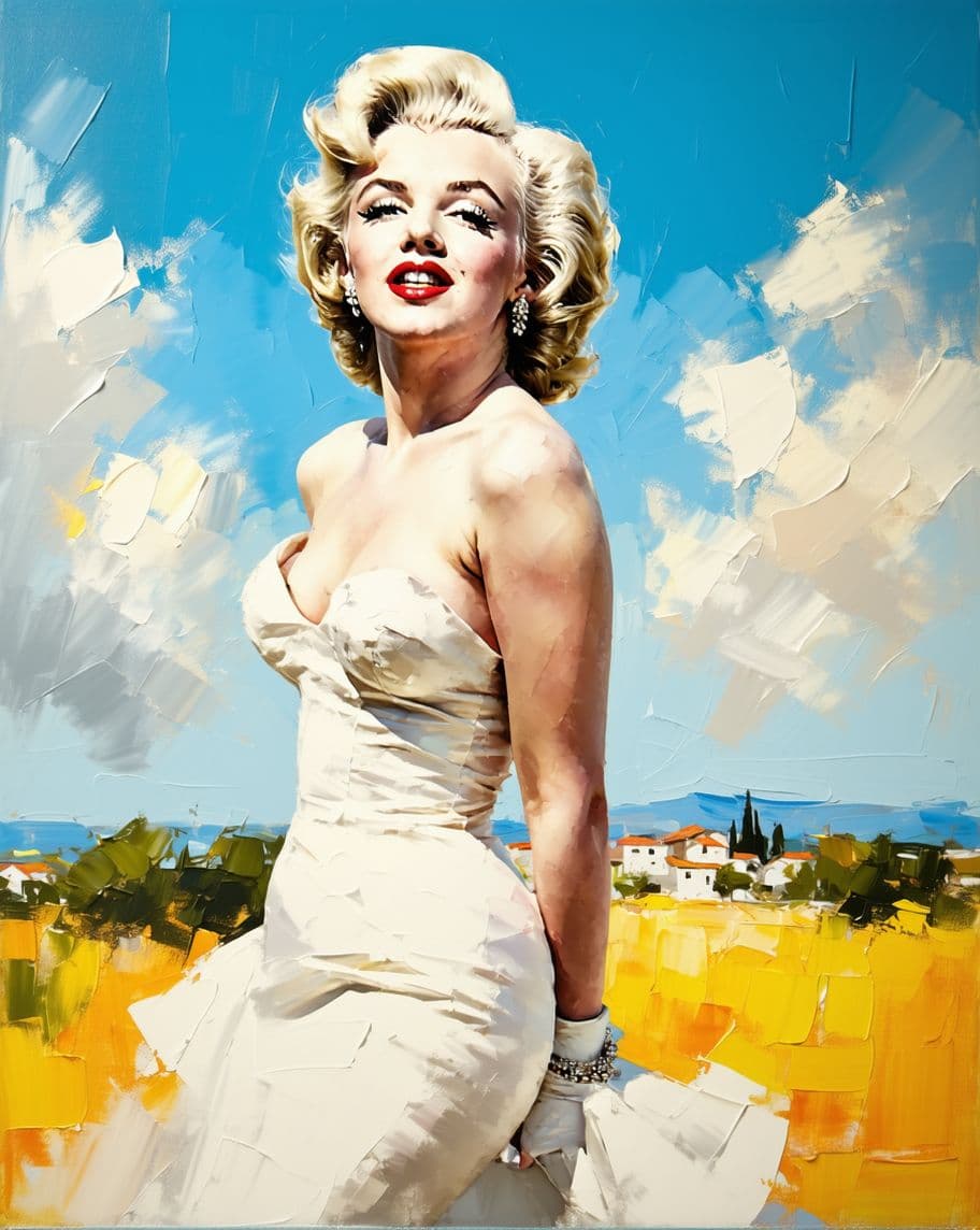 AI generated: Marilyn Monroe in a white dress, vector illustration, an elegant pose and an attractive expression o...