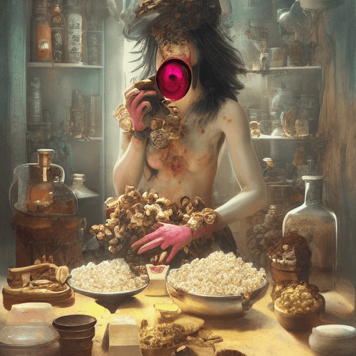 AI generated: potent potions apothecary, roadside popcorn monster,  by tom bagshaw as ruan jia  as lemonade guns, ...