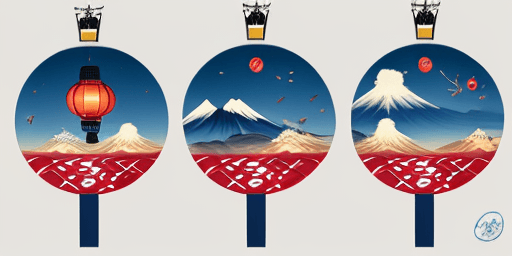 AI generated: Create a pattern with stylized depictions of Mount Fuji, a uchiwa fan, a crane, and a lantern, all d...