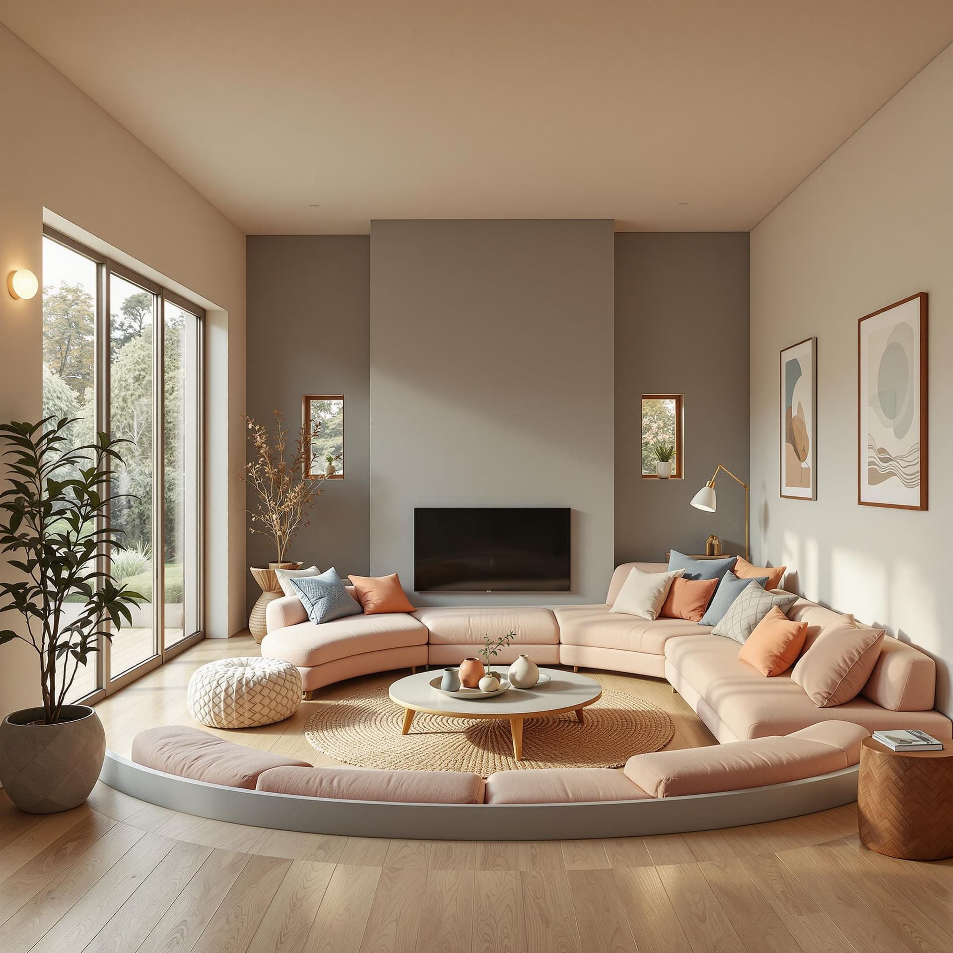 AI generated: High resolution photography interior design, dreamy sunken living room conversation pit, wooden floo...