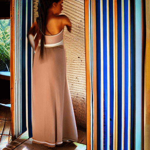 AI generated: The photo is taken in a beach house. The girl is standing near the door (we can see the beach at a d...
