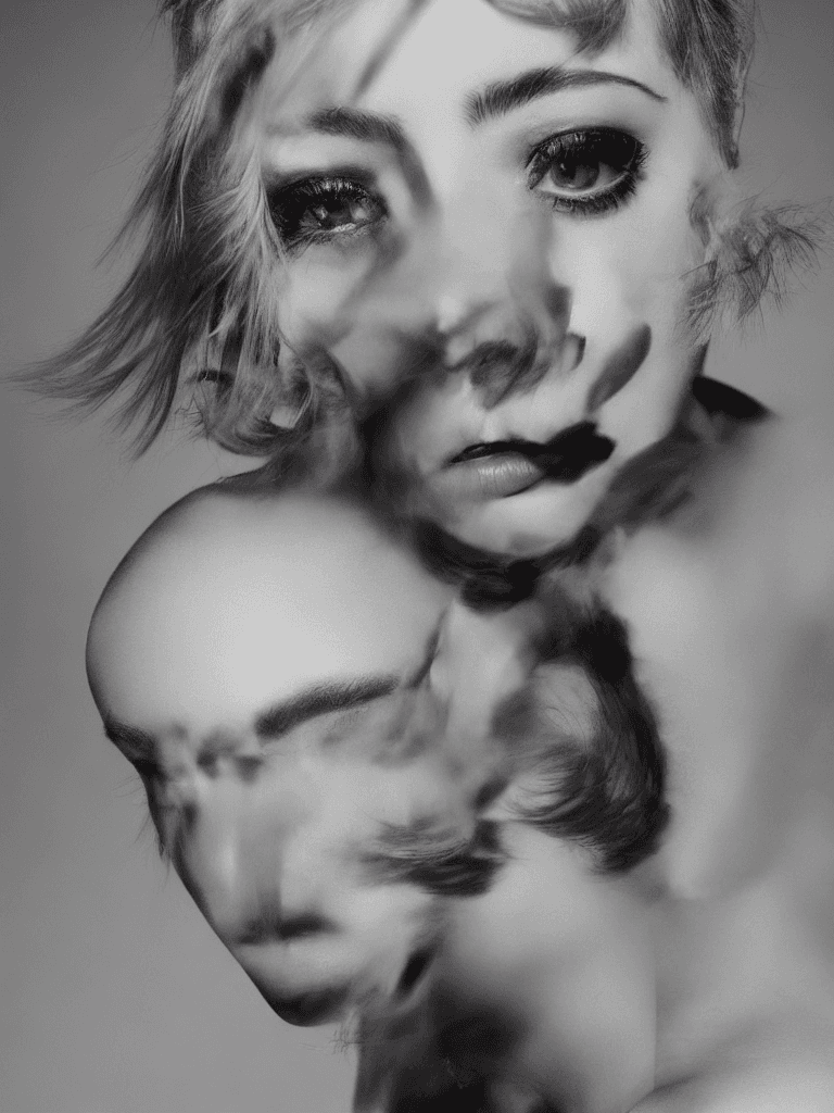 AI generated: A dramatic portrait of a young woman with a stylish haircut and piercing eyes. The photo is shot in ...
