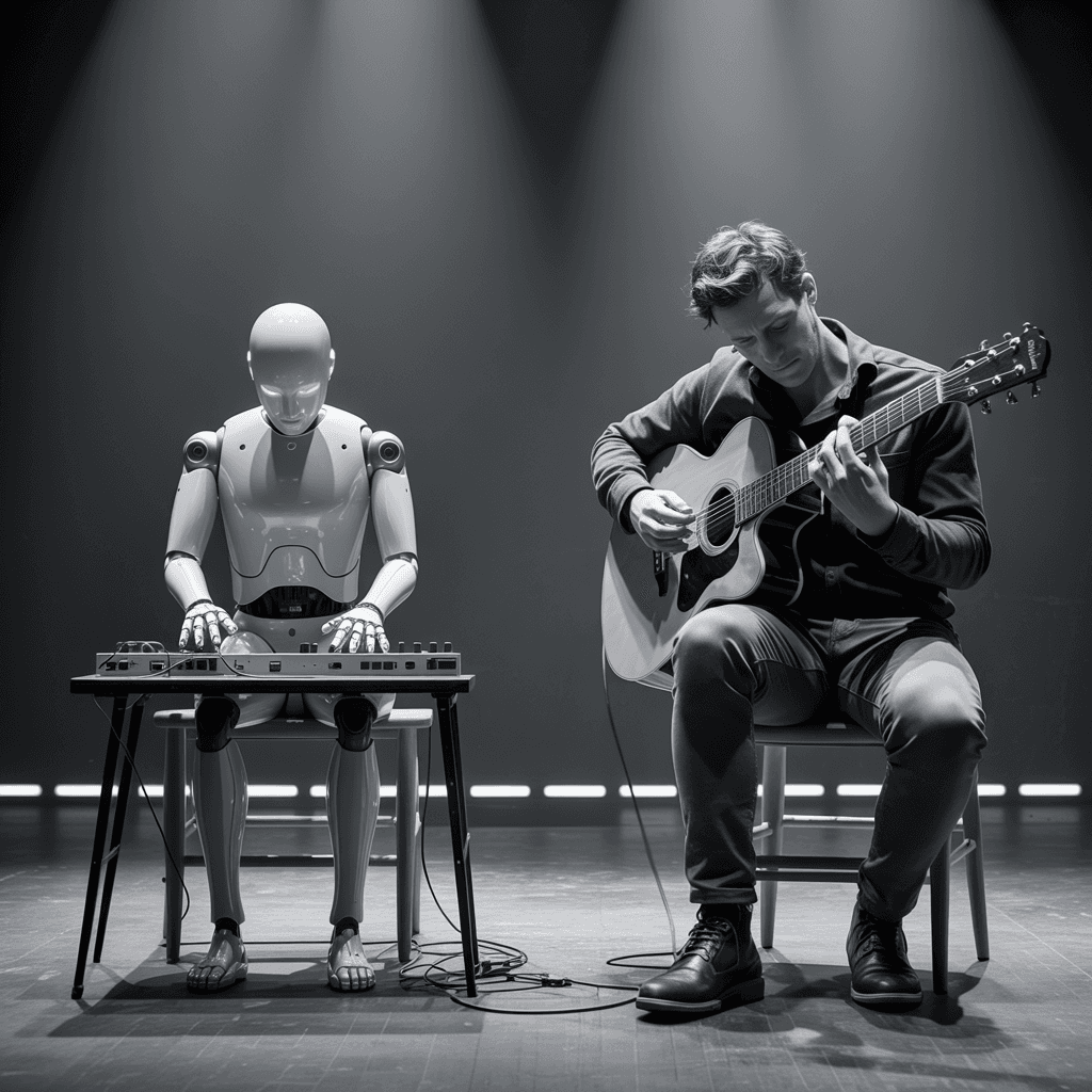 AI generated: A highly detailed, photorealistic black and white image, set on a dark, minimalist stage with dramat...