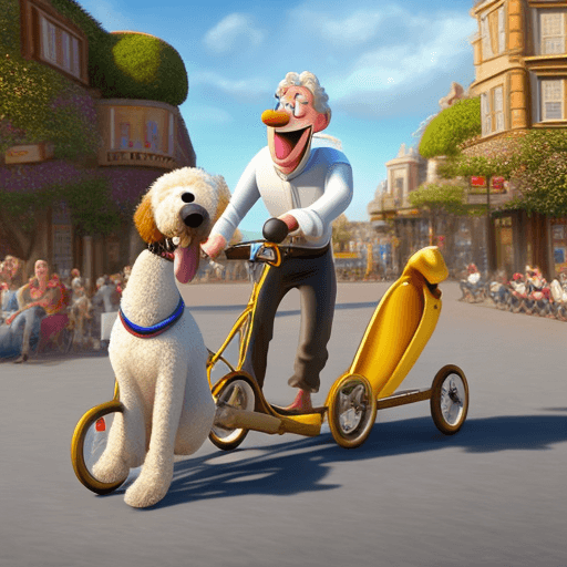AI generated: A Disney movie poster, a white man walking a golden doodle with a recumbent trike as people cheer, t...