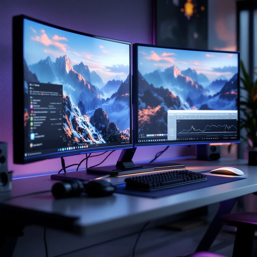 AI generated: Create a highly realistic modern desk setup that has multiple monitors, intended to use by an ai eng...