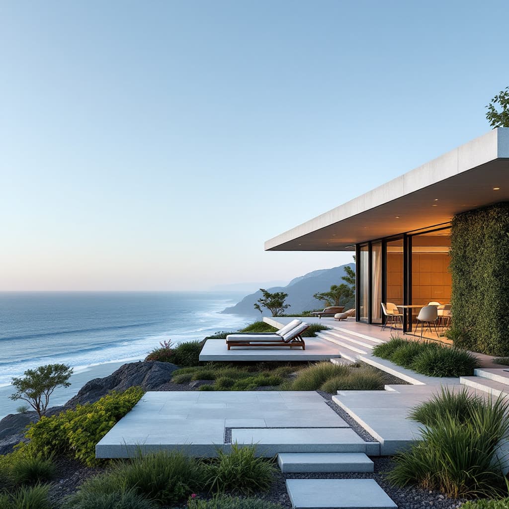 AI generated: Hyper realistic eye level exterior photo of a mid century modern style house overlooking the ocean, ...