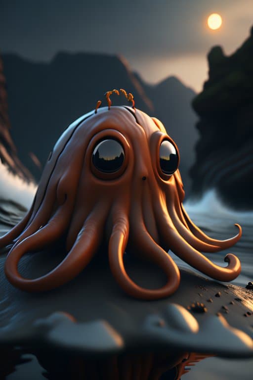 AI generated: insanely detailed 3d render, Cute octopus , floating on sea stormy waves and huge low poly rock, ful...