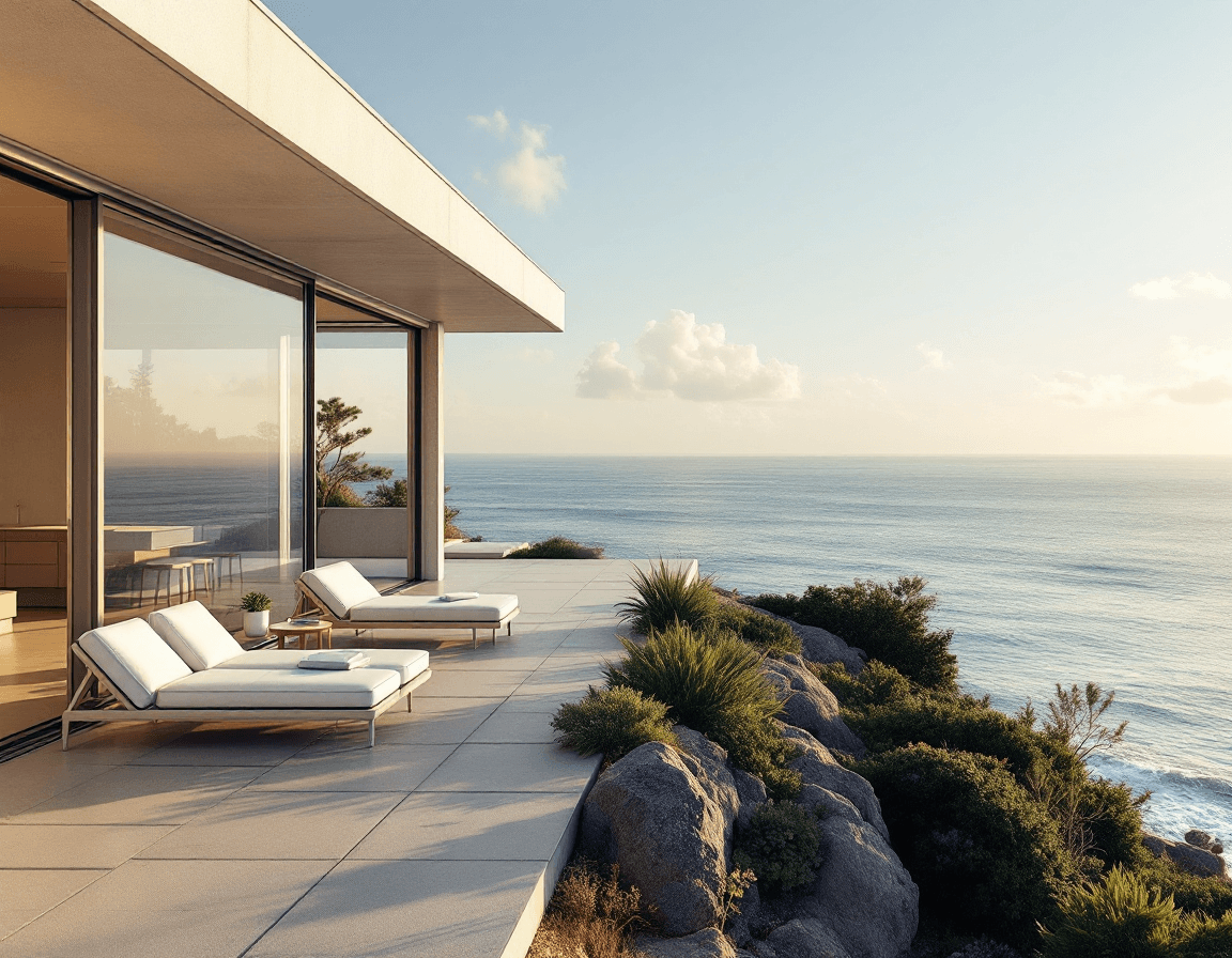 AI generated: Hyper realistic eye level exterior photo of a mid century modern style house overlooking the ocean, ...