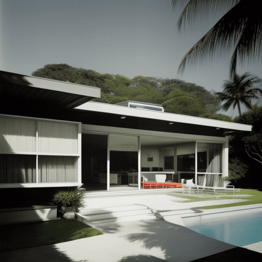 AI generated: Hyper realistic eye level exterior photo of a mid century modern style house overlooking the ocean, ...