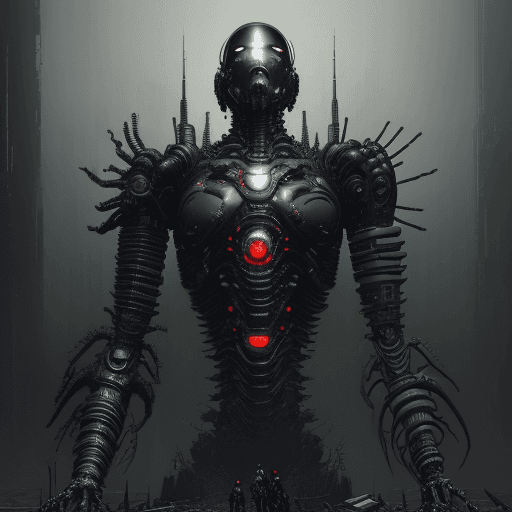 AI generated: artistic, oil painting, front view, upper body, heavy brushed, sci-fi, bizarre mechanical human, gaz...