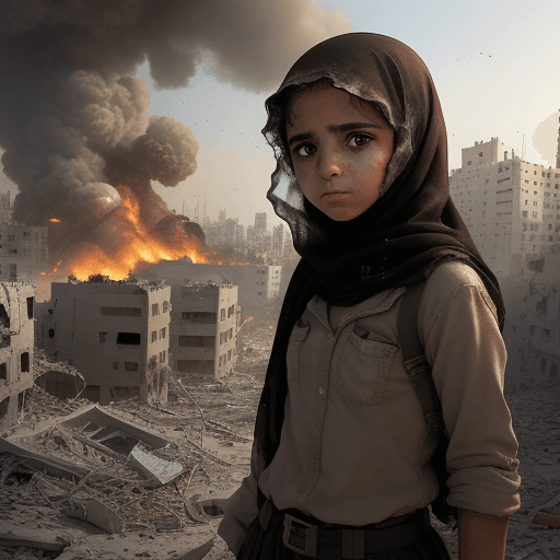 AI generated: A realistic image of a Palestinian young girl, 13 years old, in a war torn Gaza, brown eyes, standin...