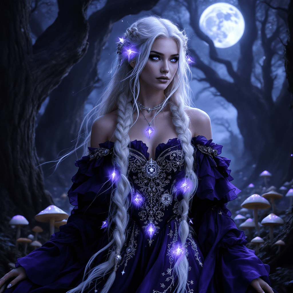 AI generated:     A regal woman with long, platinum blonde hair, styled in intricate braids adorned with glowing c...