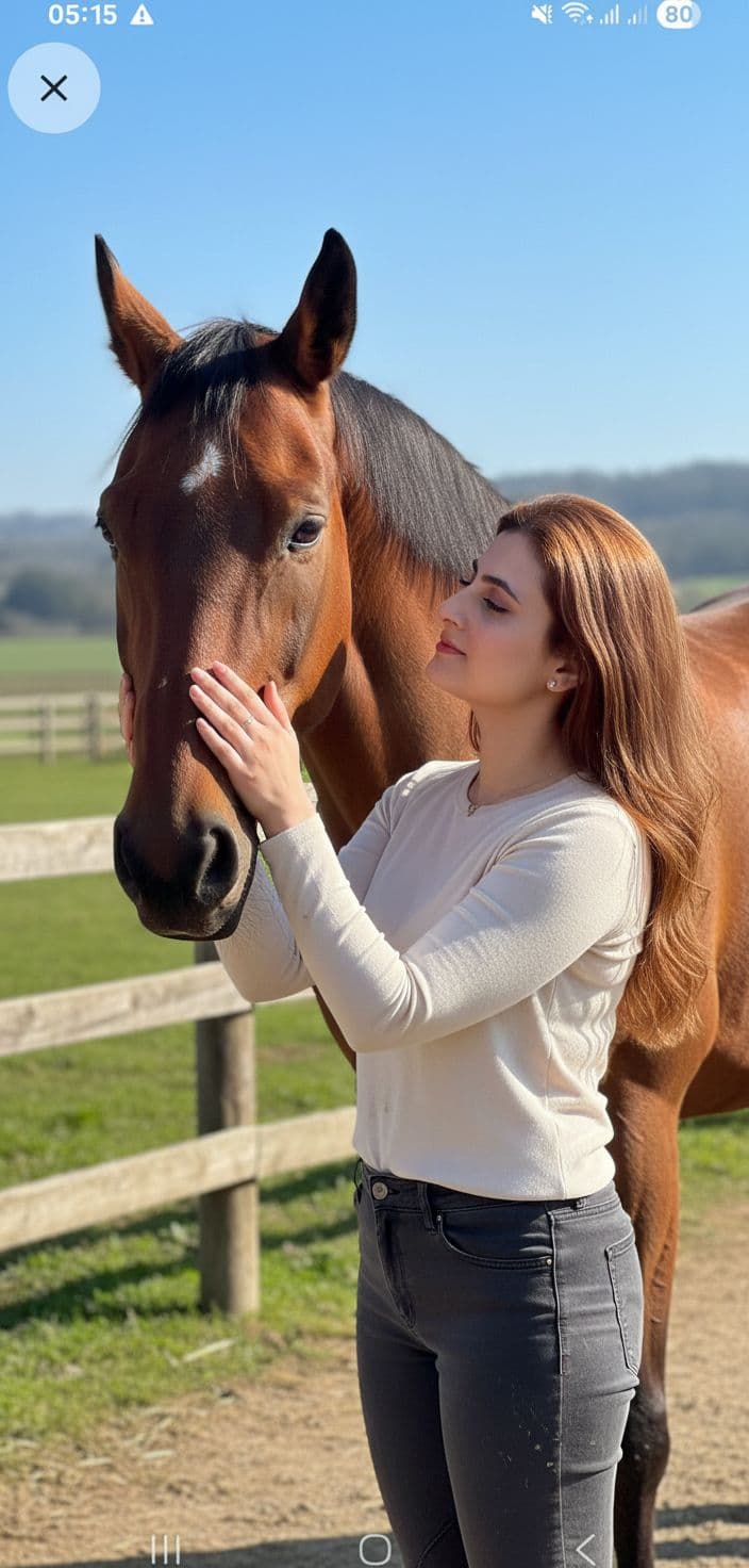 AI generated: beautiful, perfect realistic woman, 22 years old, long red hair, slightly curly, in front of horse h...
