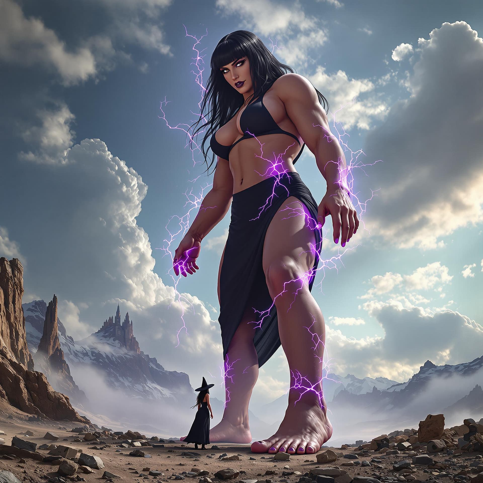 AI generated: 5 toes on foot, enormous giantess female Rhea Ripley from WWE with black medium length hair and stra...