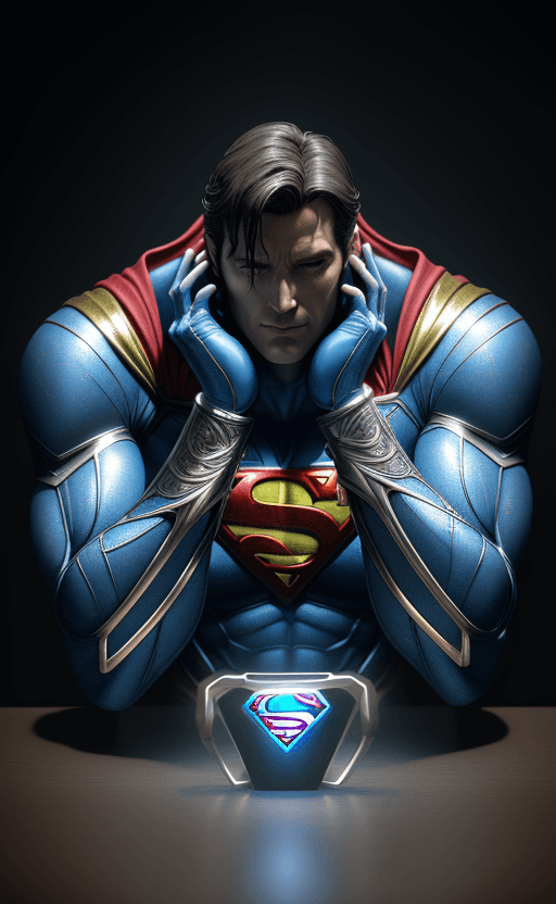 AI generated: handphone on the table with the design and character of Superman The handphone is gold and blue dark...