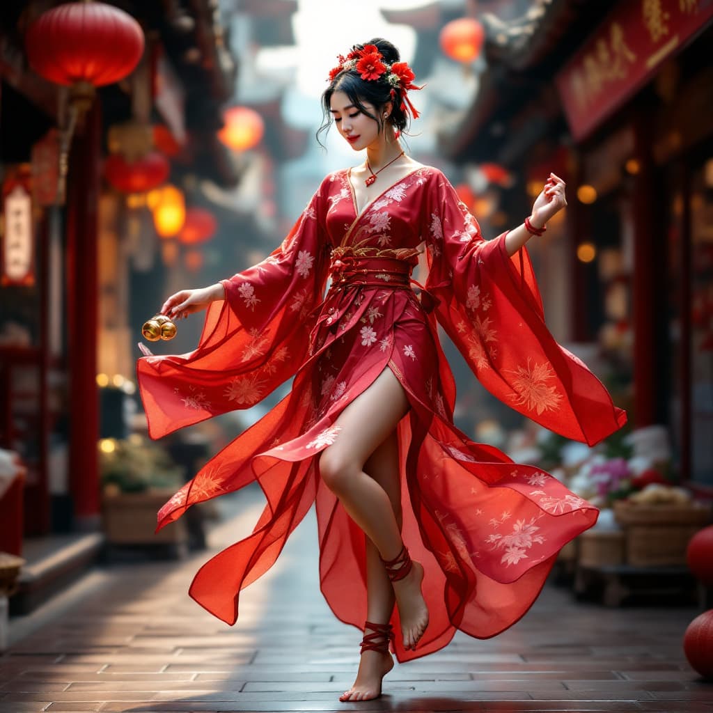 AI generated: Full body view of a beautiful corean woman, short black hair, flower in hair, Very short red flored ...