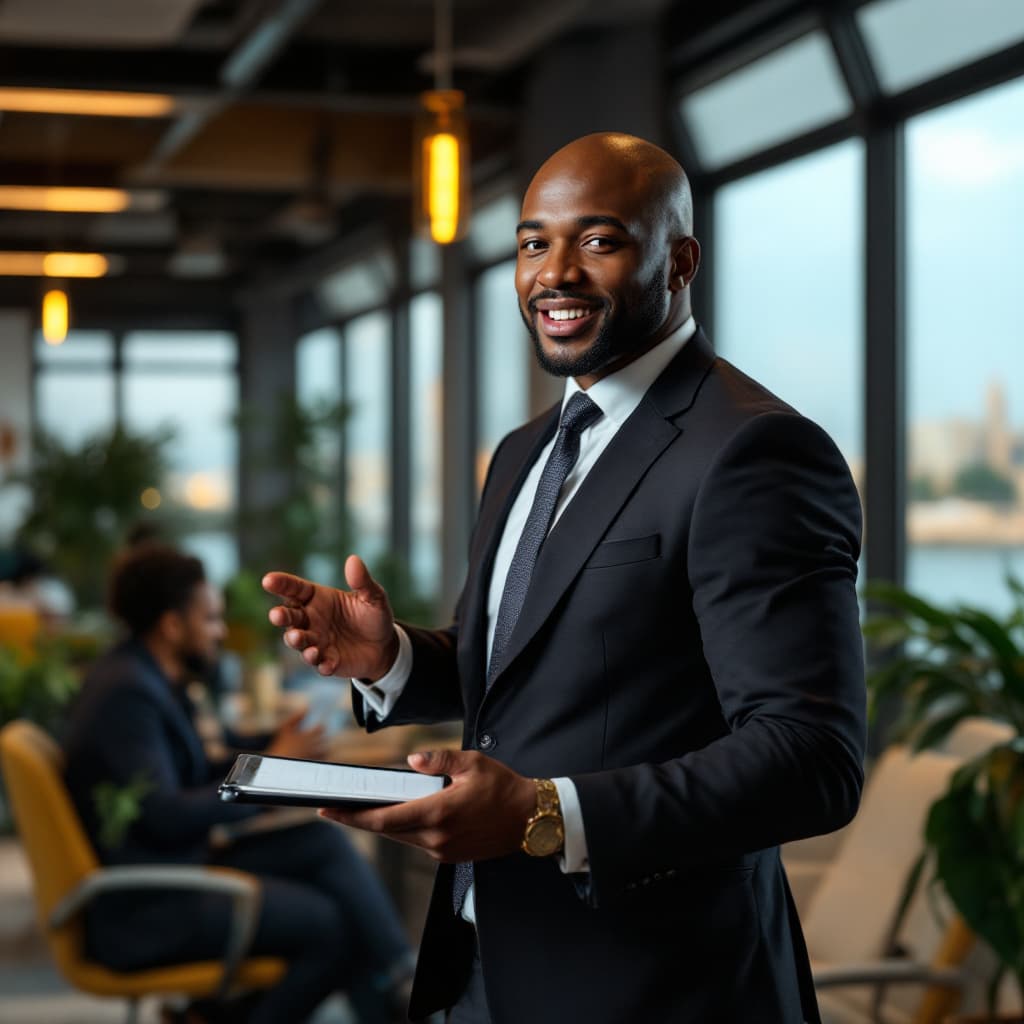 AI generated: Create a professional and dynamic image showcasing a confident black tax office manager in a modern ...