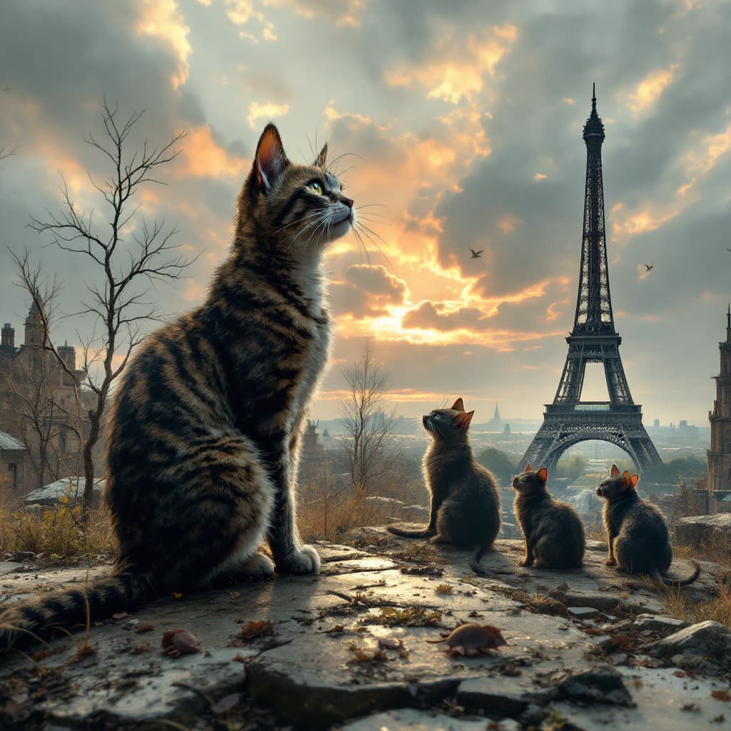 AI generated: The post apocalyptic nation of 5 cats and rats, Eiffel Tower in the back,
