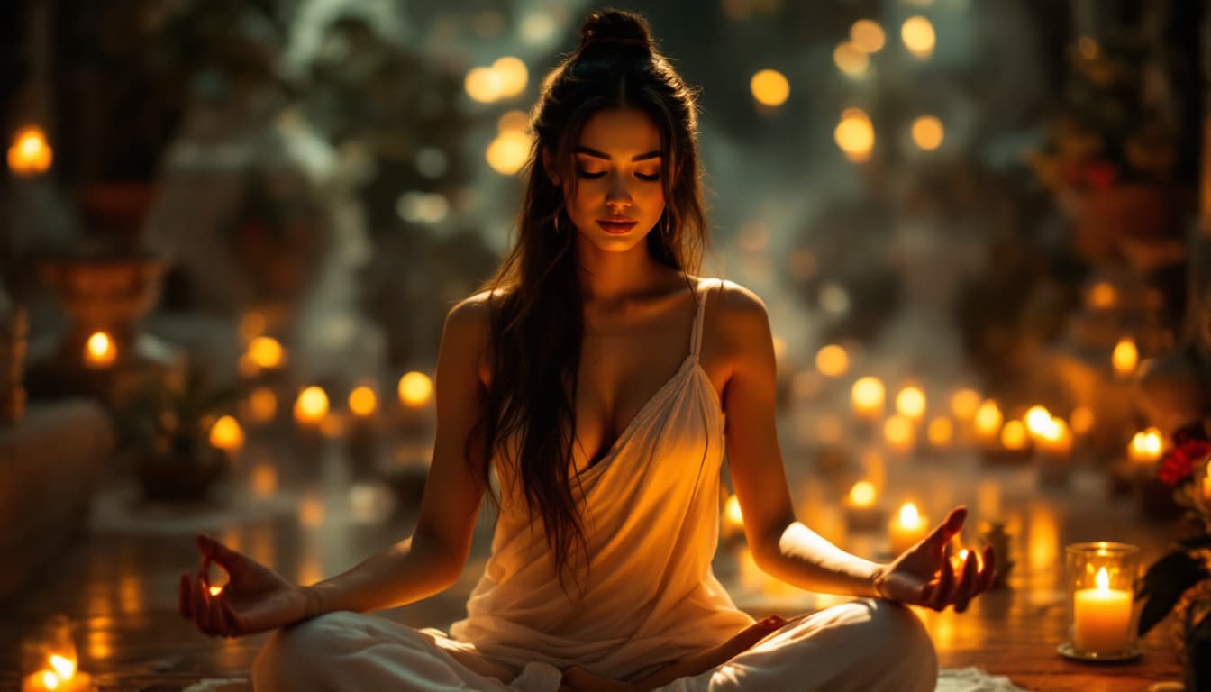 AI generated:  beautiful asian woman, long hair , meditation,candels in the bhuddas temple . hit definition , cine...