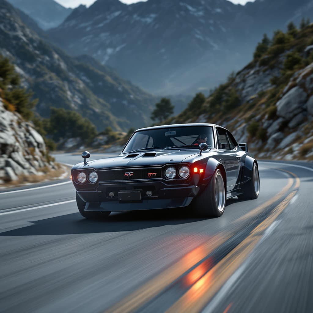 AI generated: Photo of a realistic,1969 Nissan Skyline 2000GTR sport car, car driving down a mountain road, comput...