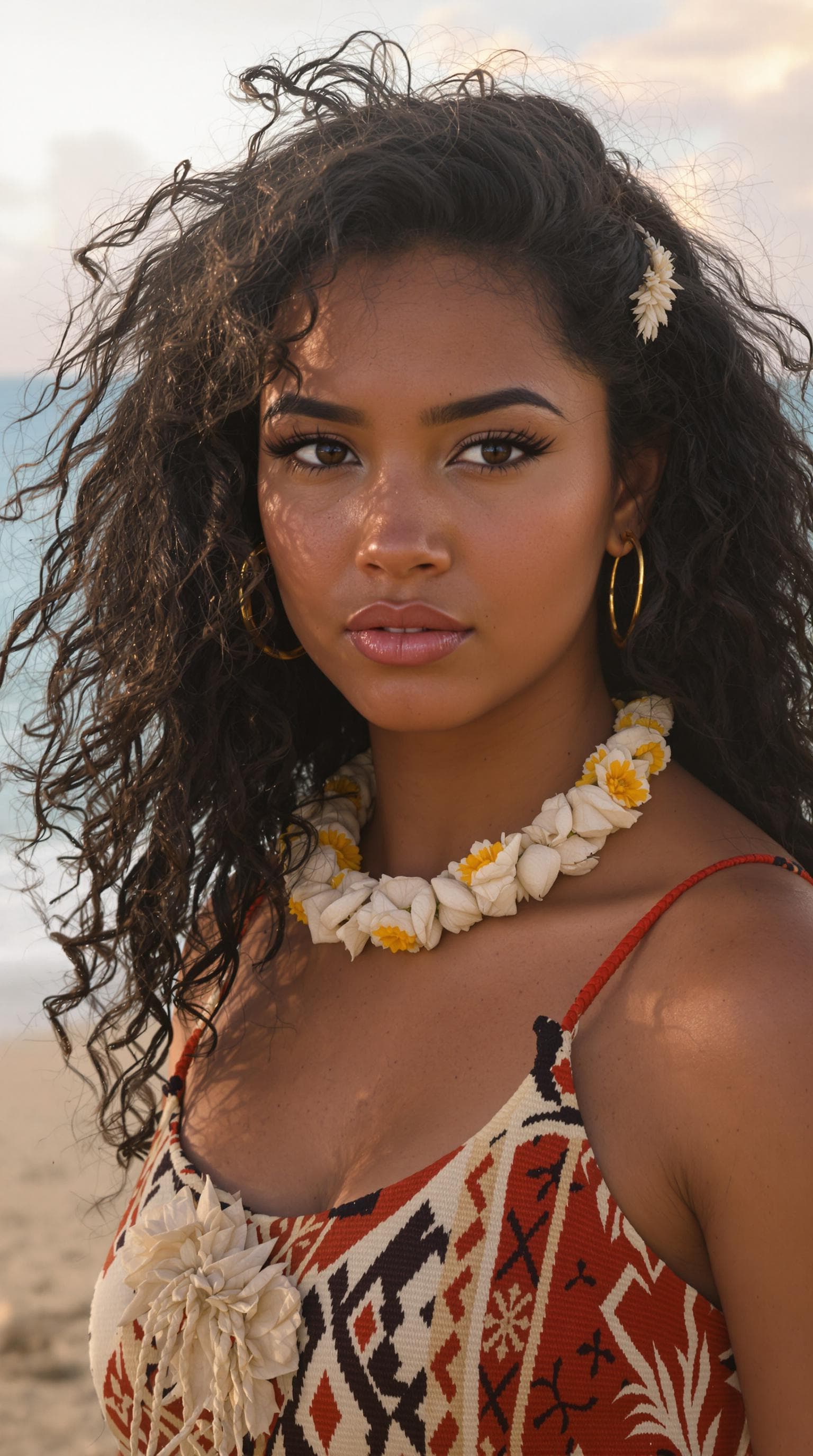 AI generated: Portrait of a young Polynesian woman inspired by Moana, natural lighting, beach setting, realistic f...