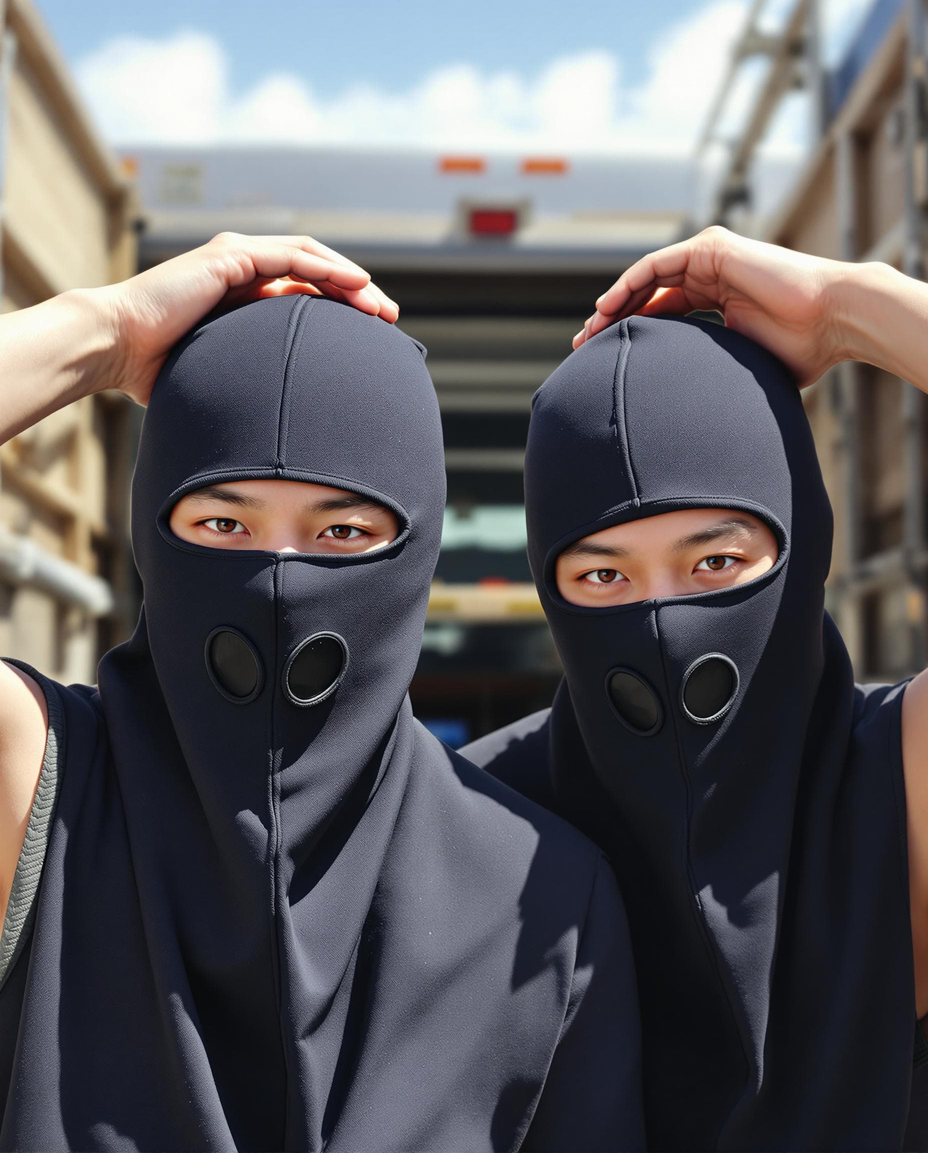 AI generated: Two male Asian born Chinese athletes arrested in day time. They are at the back of a truck. They put...