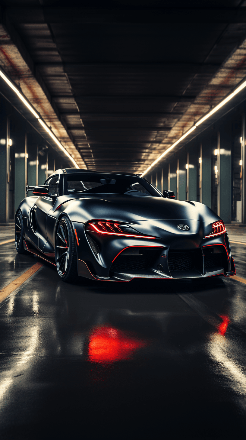 AI generated: A sleek, glossy black Toyota Supra with a glossy red racing stripe, sharp curves, high resolution, h...