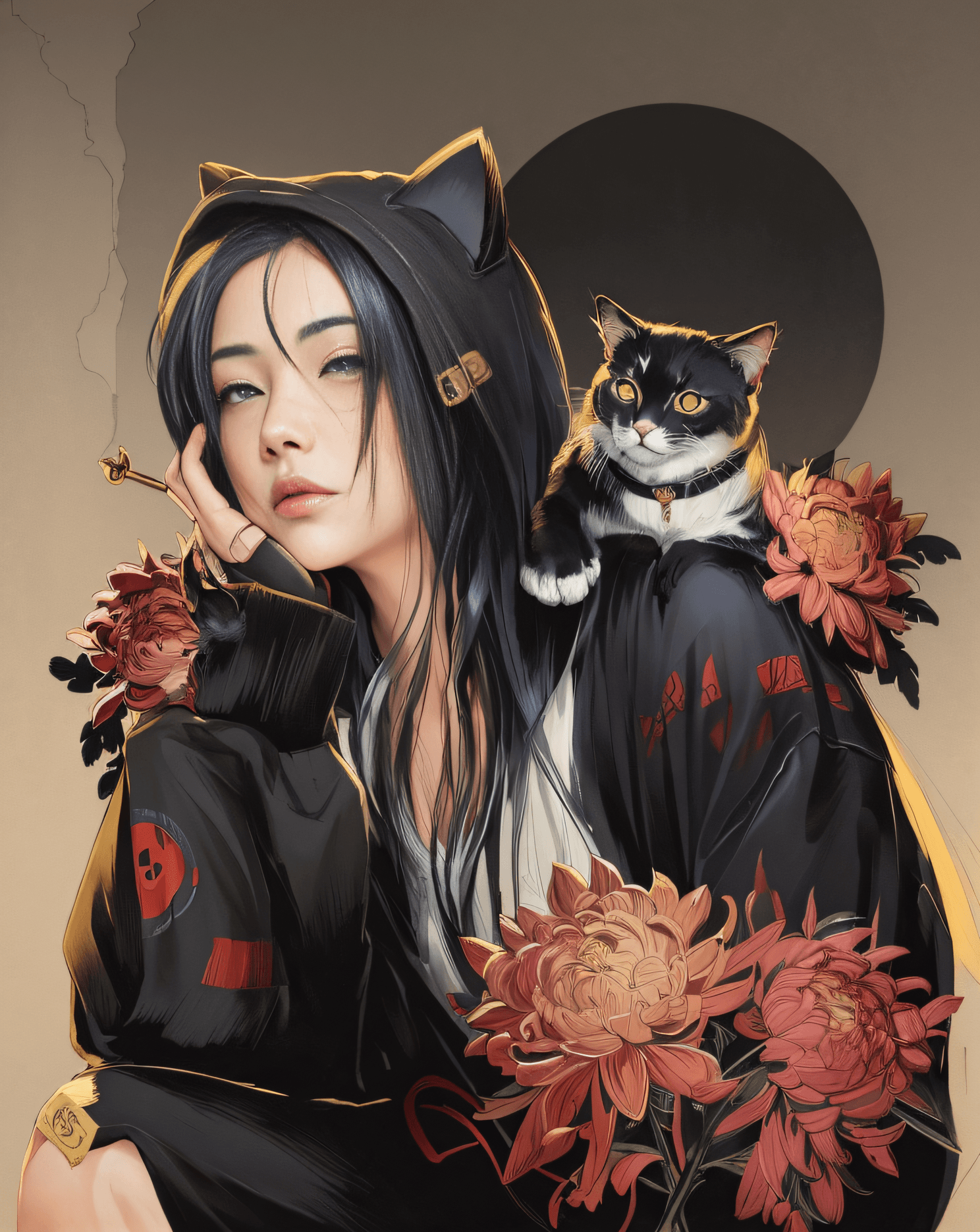 AI generated: Image of a woman with a cat on her shoulder, Japanese Art Style, artwork in the style of guweiz, emo...