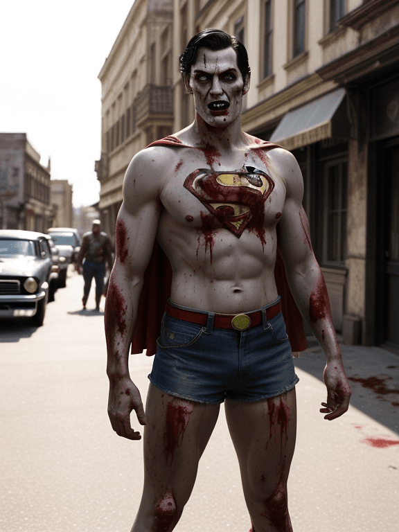 AI generated: vintage, Superman is dead, superman zombie, deadly, blood, bloody, bloody face, in the city, late af...
