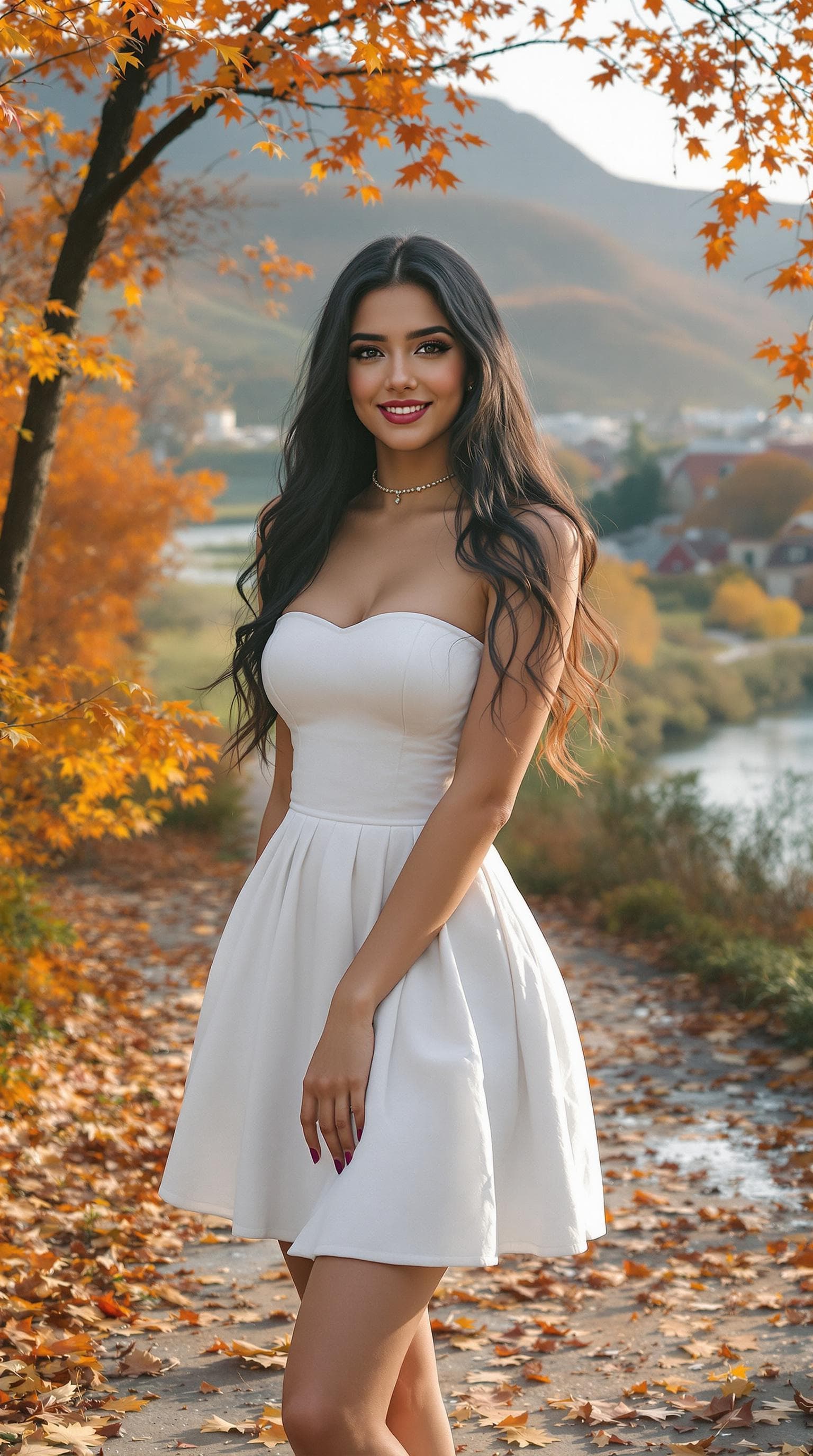 AI generated: realistic, beautiful Arabian woman, beautiful girl, shot front middle, full body, happy, black hair,...