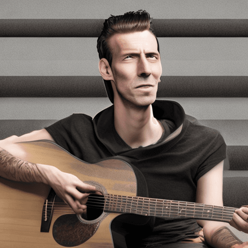 AI generated: A man with no skin on the right side of his face and head, playing acoustic guitar.
