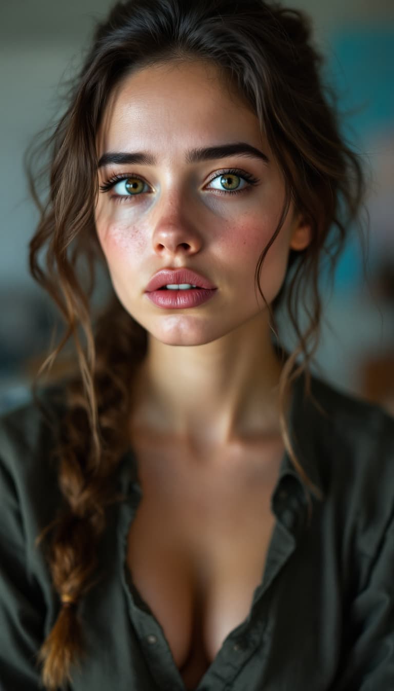AI generated: Huge xl breast, woman with pure innocent gaze, pale face, little sad, expressive style, smudges, tea...