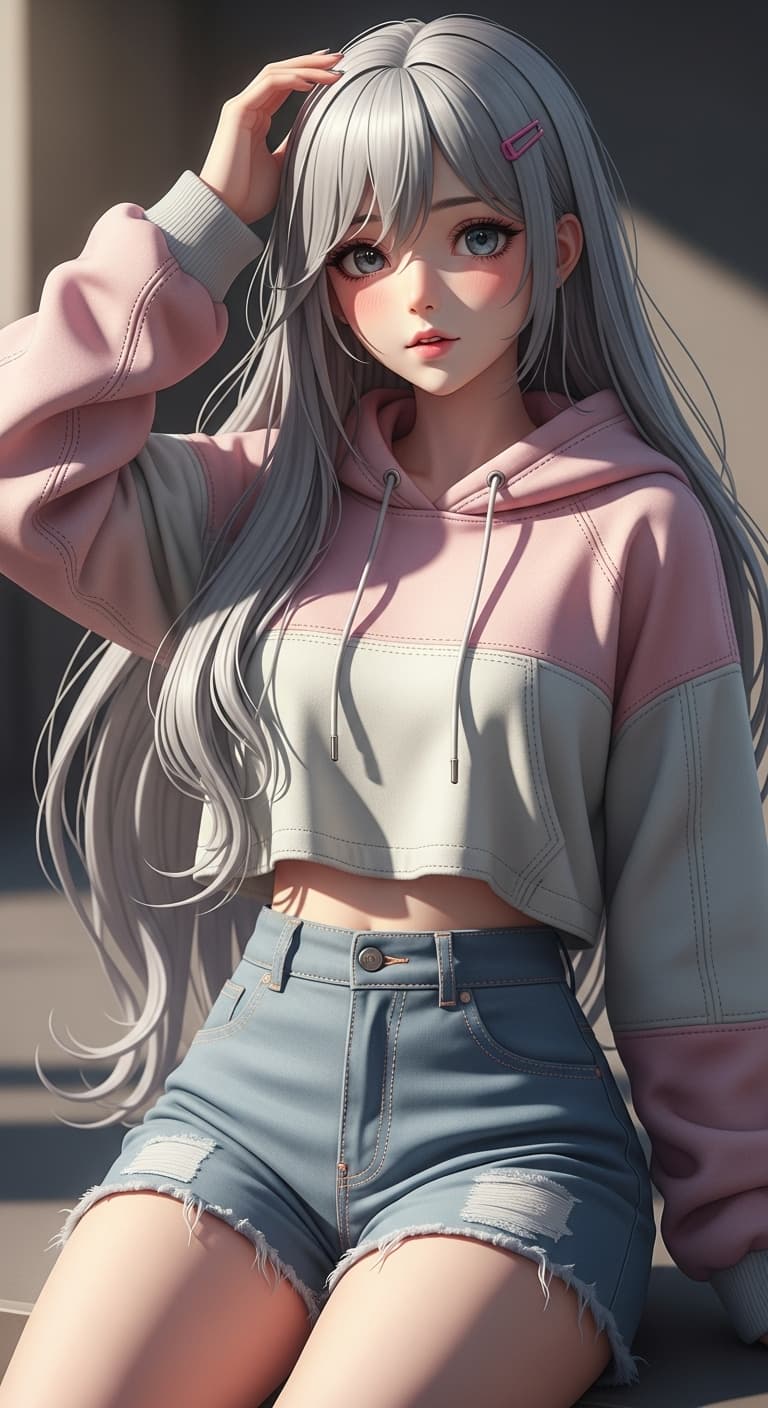 AI generated: semi-realistic anime girl in soft streetwear, long silver hair, pastel hoodie, high-waisted shorts, ...