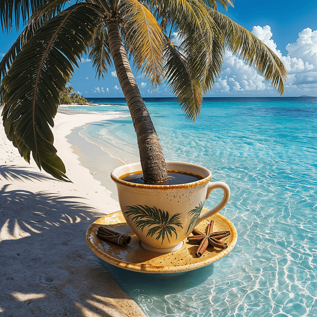 AI generated: A whimsical and unique coffee image featuring a cup of steaming coffee. In the center of the coffee,...